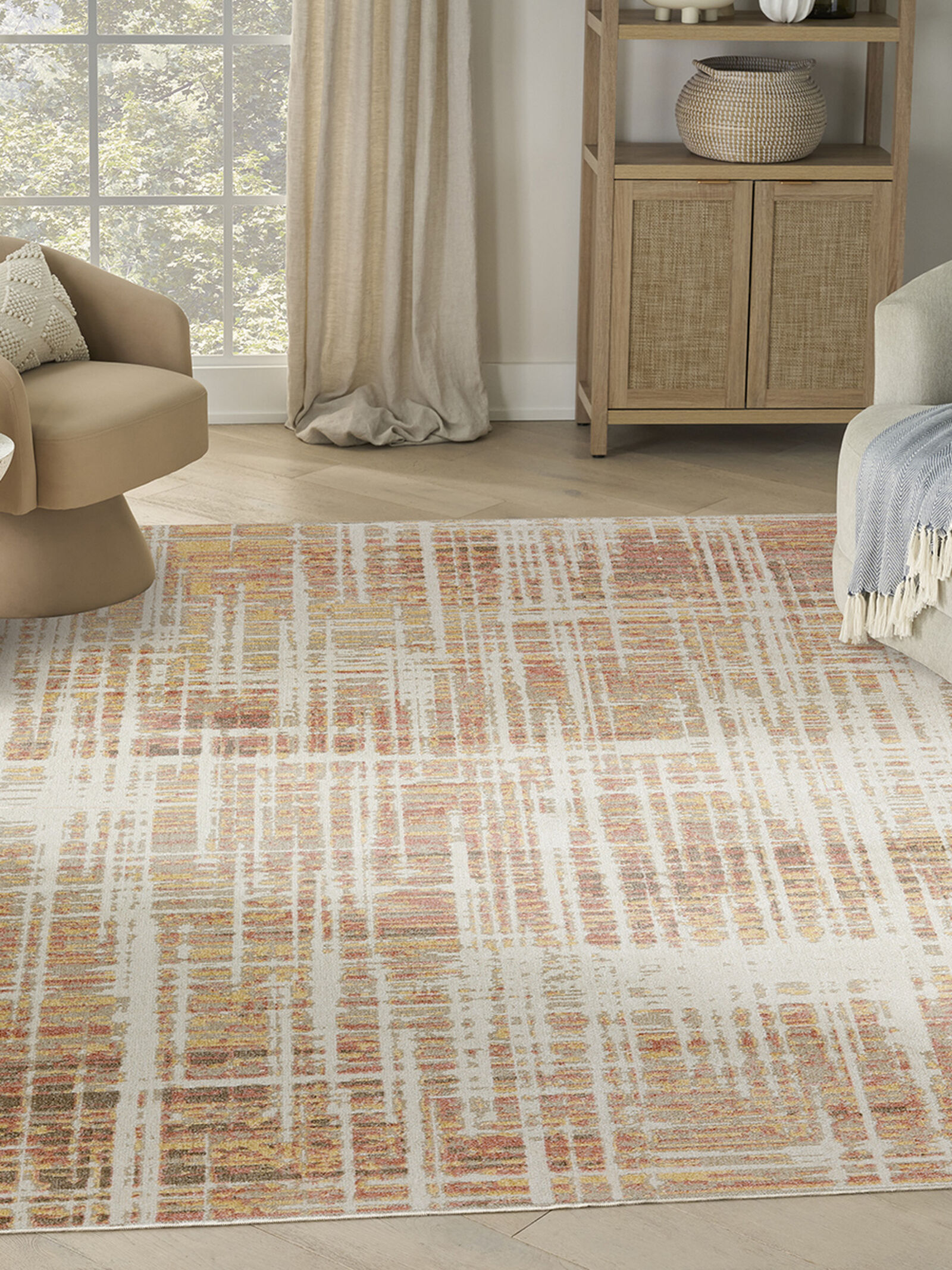 Nourison 9x12 (ft) Modern Abstract Beige/Peach Washable Rug - Image 5