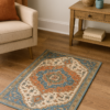 Small classic rug styled in a warm entryway