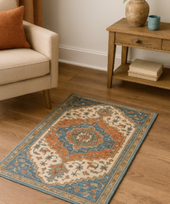 Small classic rug styled in a warm entryway