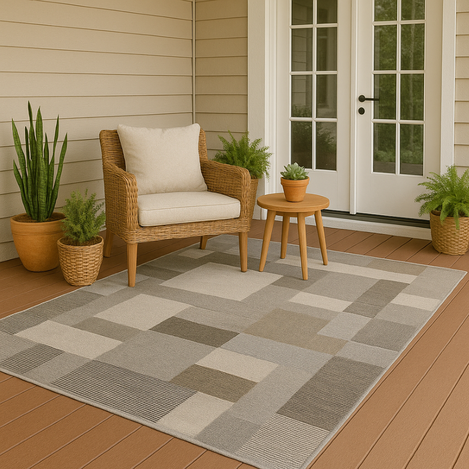 8x11 outdoor rug styled on a patio or large open space