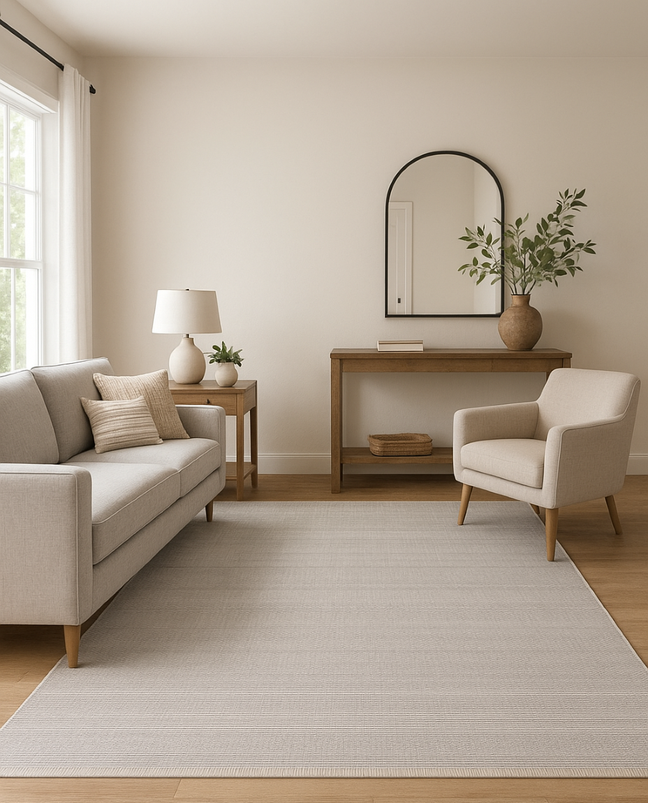 Abstract area rug styled in a modern living room