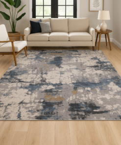 Bold modern rug styled in a contemporary living room