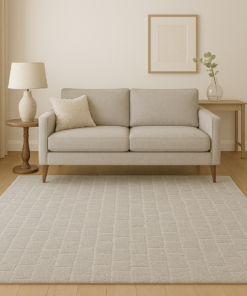 Modern rug styled in a light, contemporary room