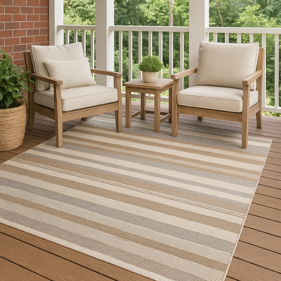 Modern area rug styled in an outdoor patio setting