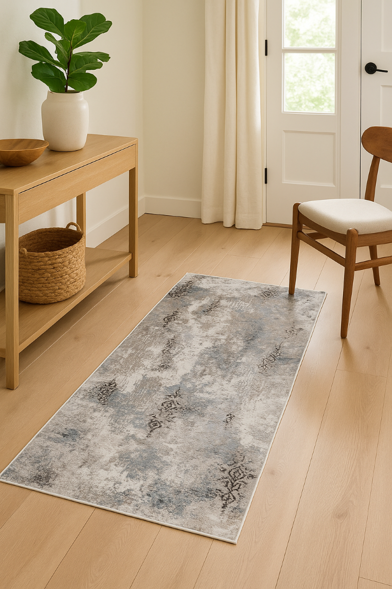 Small elegant rug styled in a traditional entryway