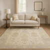 Radiance neutral-toned area rug styled in a contemporary living room