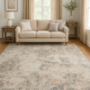 Large modern rug styled in a spacious living room