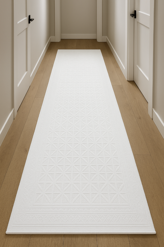 Pure White Geometric Runner Rug - 2.6x8 (ft)